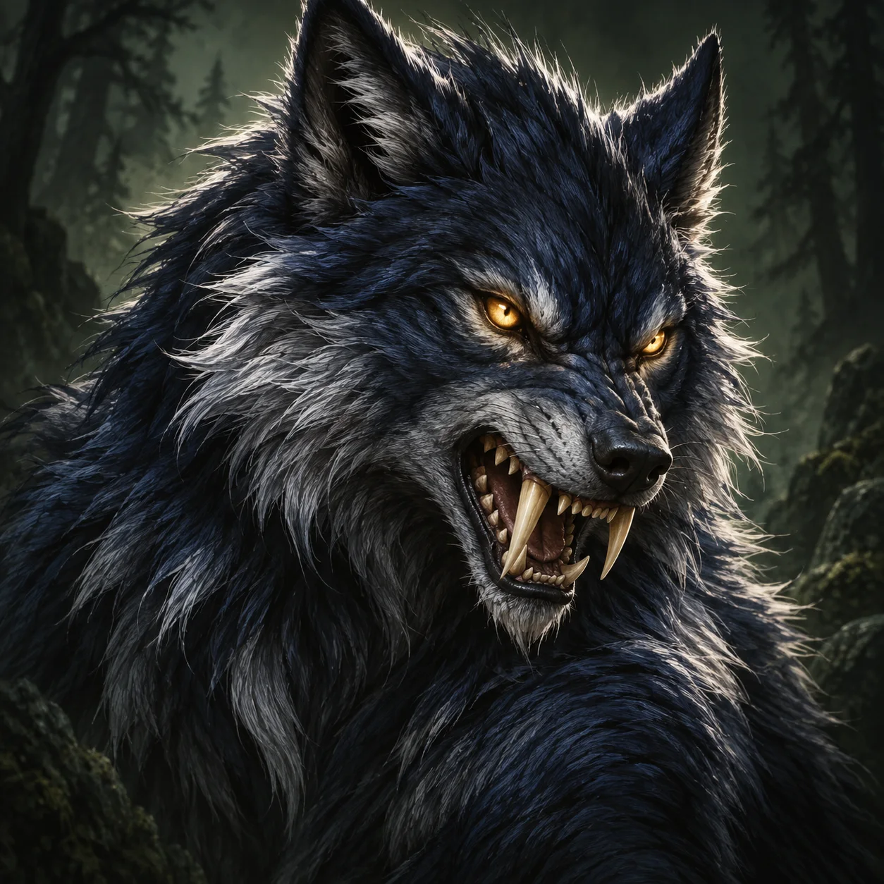 Duskfang, a dark wolf with piercing eyes