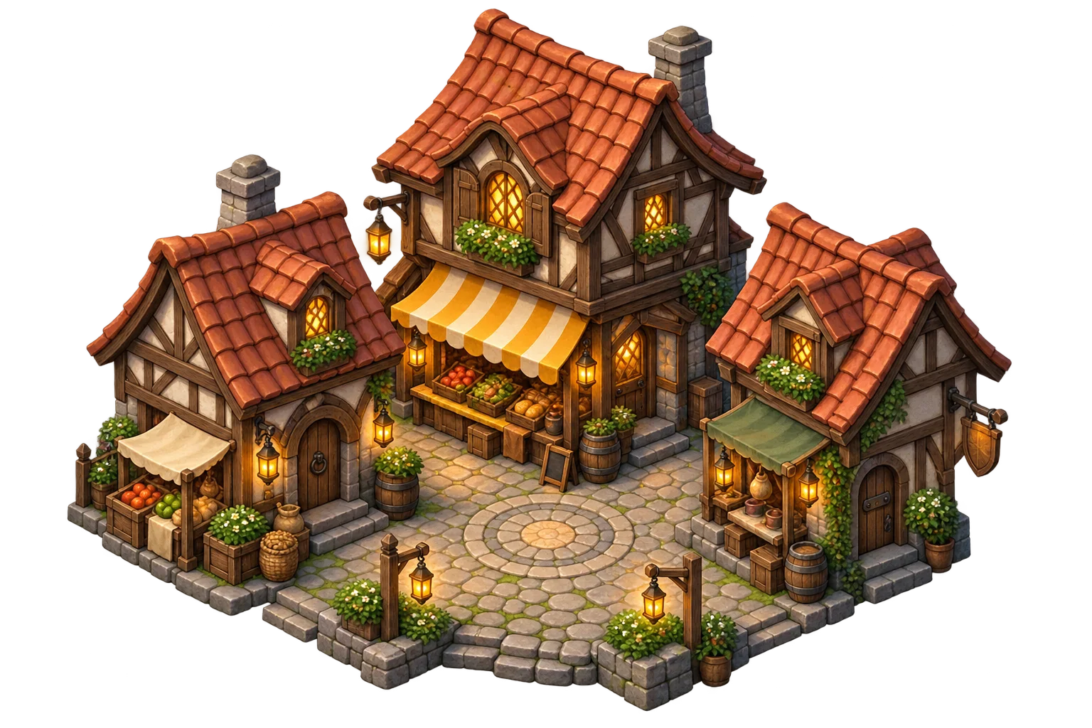 An illustrated fantasy town with glowing windows