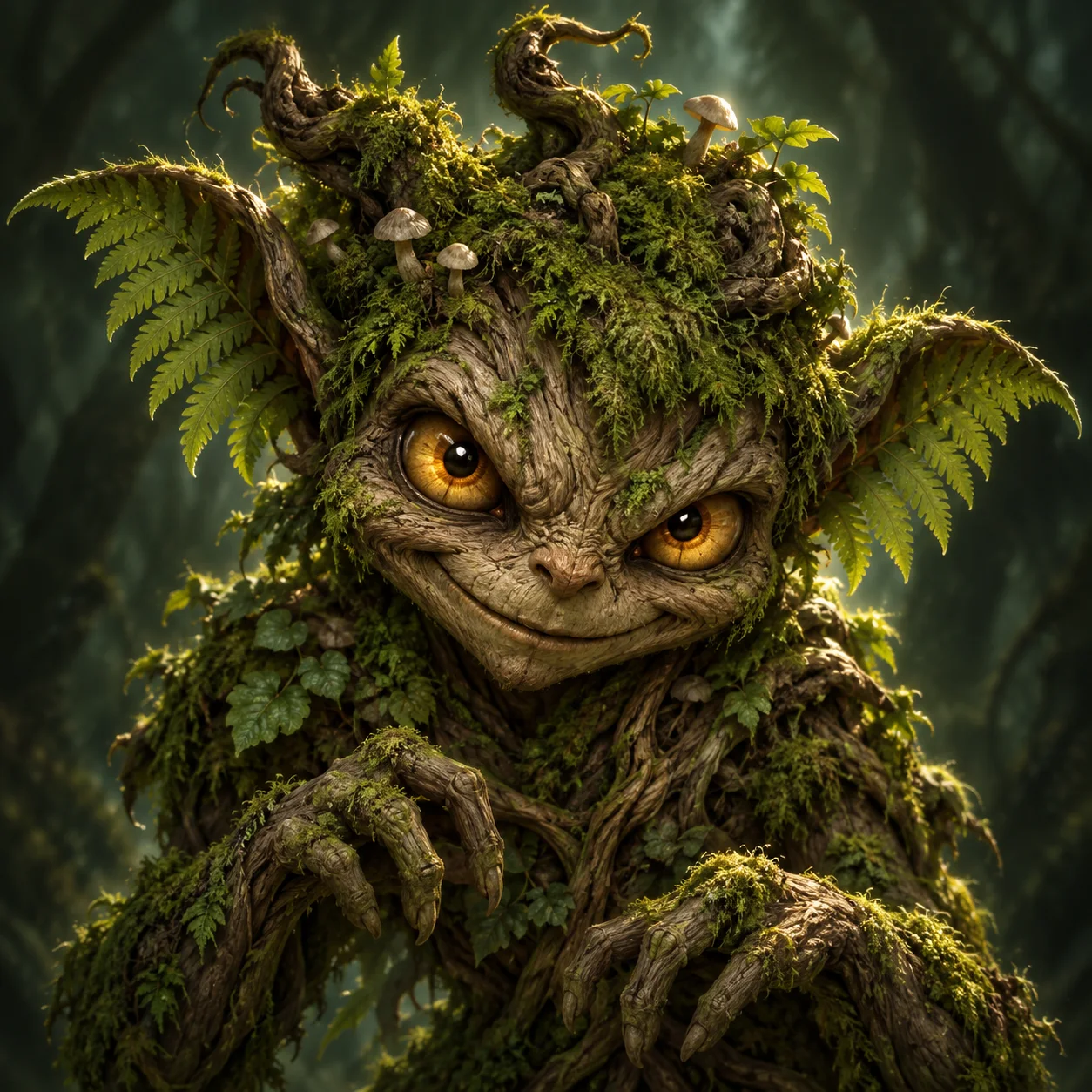A mischievous Mossling made of bark, moss and golden-eyed magic